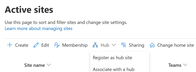 view of sharepoint when registering a hub
